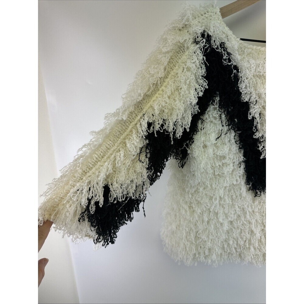 Le Chois Fringe Knit Sweater 3/4 Sleeves White Black Vintage Pullover Womens Med - Picture 4 of 11